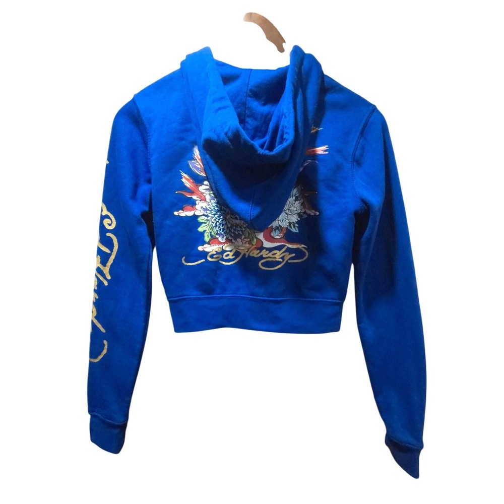 Ed Hardy Blue Tiger Graphic Cropped Zip Up Hoodie Y2K Small - Picture 2 of 7
